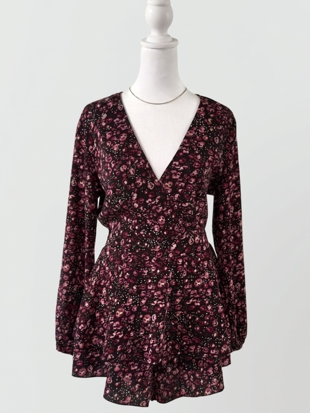 Floral V Neck Long Sleeve Romper Burgundy Pink Ruffle Bubble Sleeve Front Tie